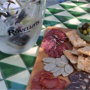 Rovellats Cava Bar, charcuterie plate with Blanc Primavera white wine